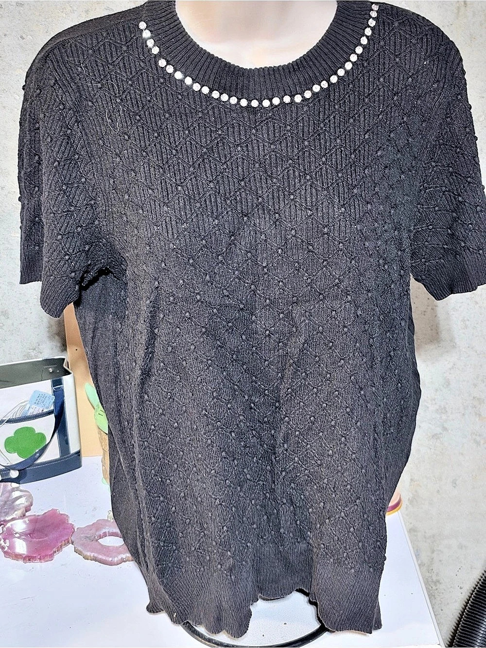 ELLE Geometric Knit Top in Black Size XL